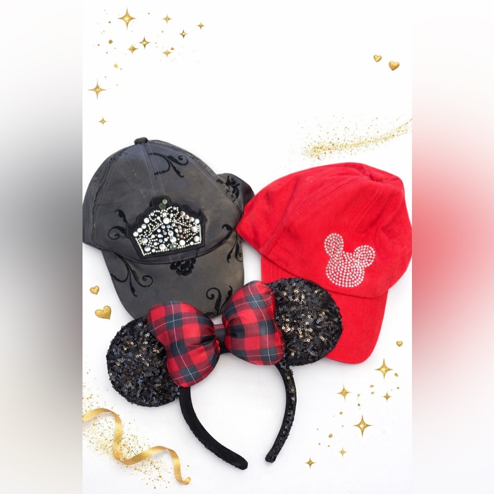 Disney Parks Minnie Mouse Hat‎ & Sequin Ear Headband Bundle Red Black Rhinestone